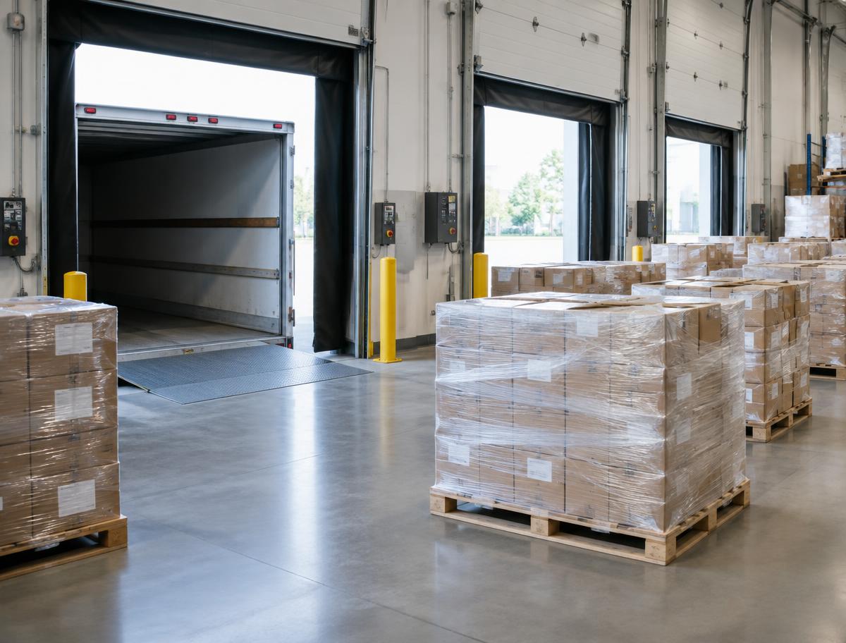 Wrapped pallets of cartons at a warehouse loading dock
