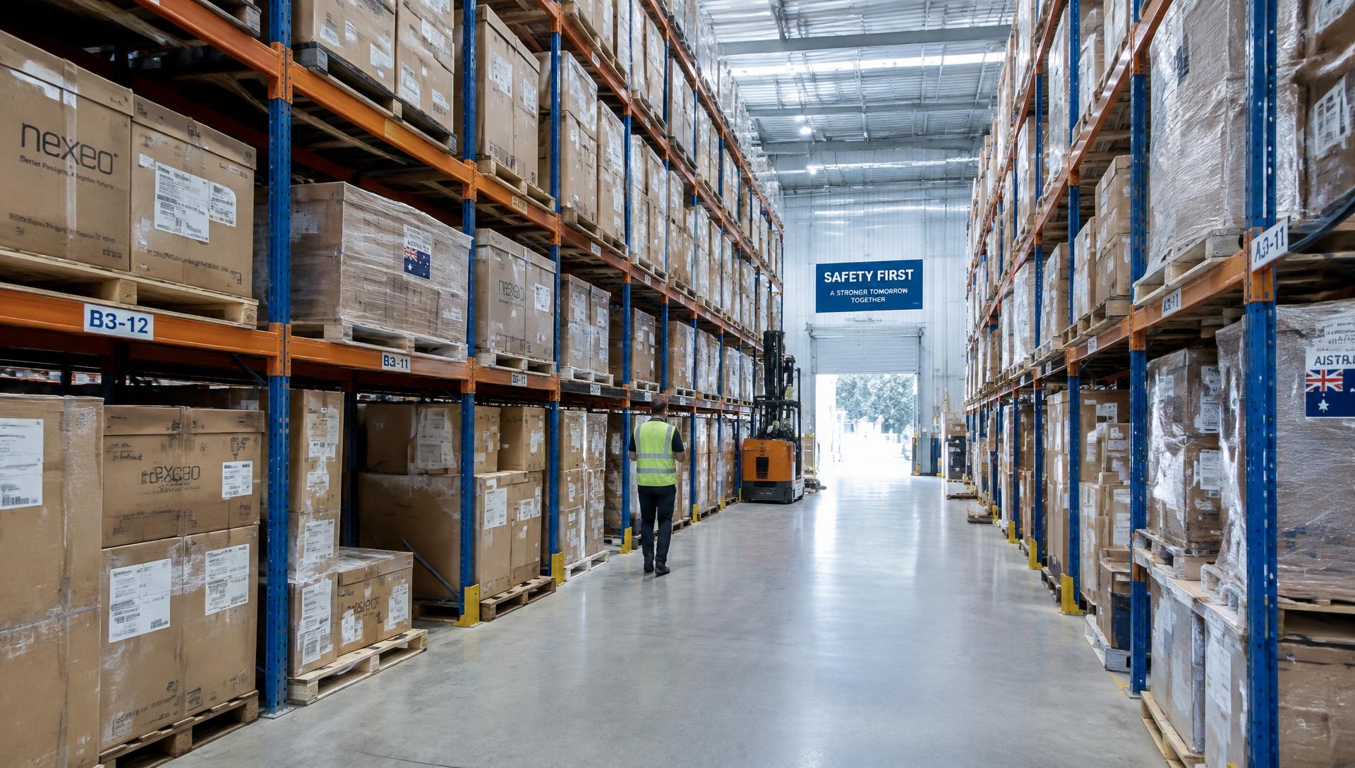 Warehouse racking stocked with cartons and wrapped pallets